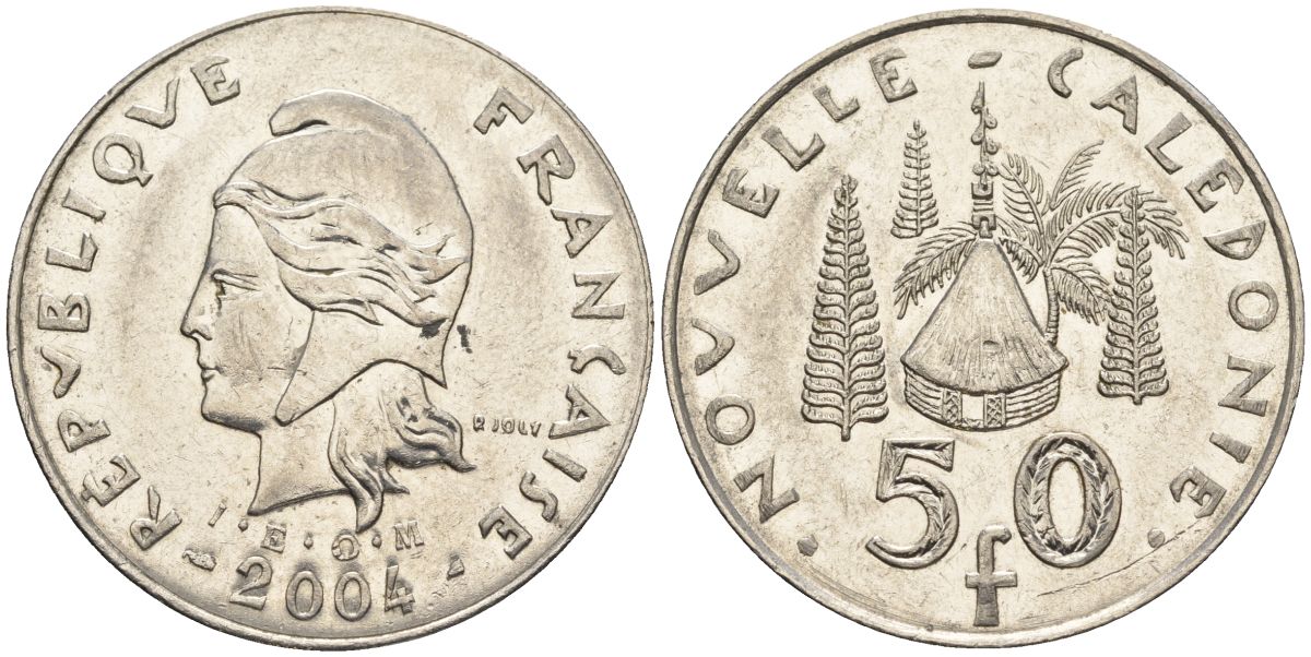 Французская Новая Каледония 50 франков 2004 хижина среди сосен и пальм, (IEOM) KM 13, Schoen 15, Lec 121 никель 4123-1215