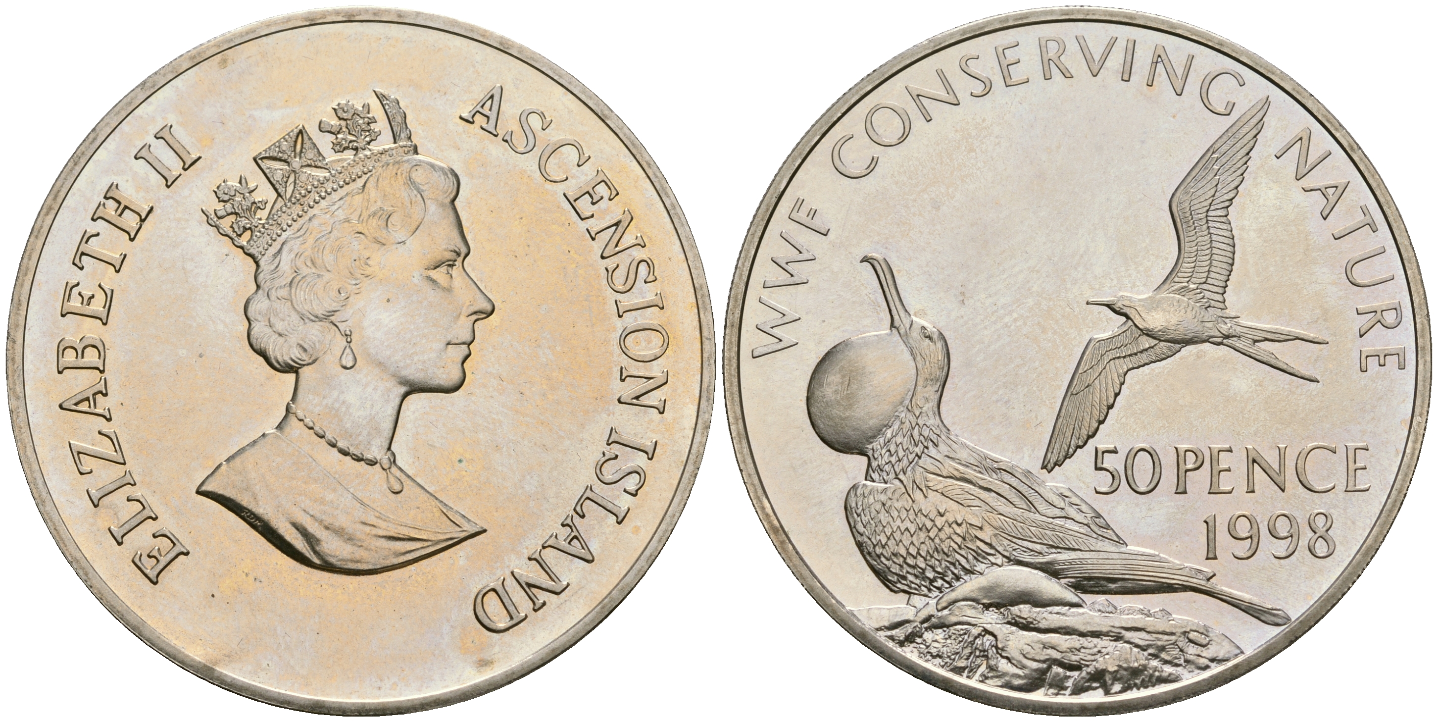 Остров Вознесения 50 пенсов 1998 всемирный фонд дикой природы - Фрегат KM 9 медно-никель BUNC 00-00