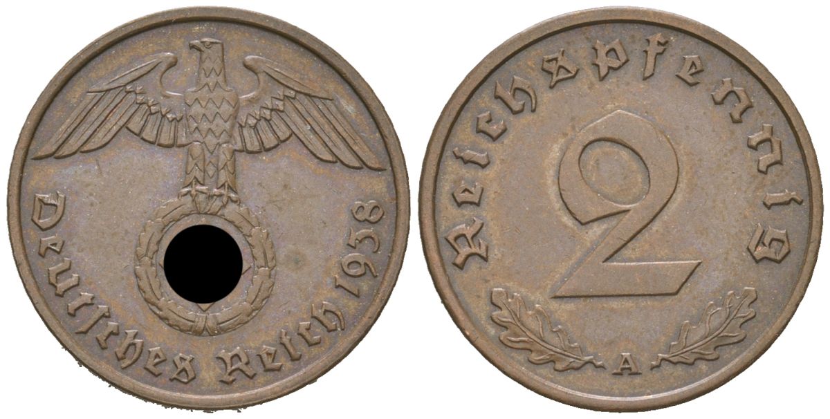 Германия 2 рейхспфеннига 1938 A KM 90, J. 362 бронза 3955-1162