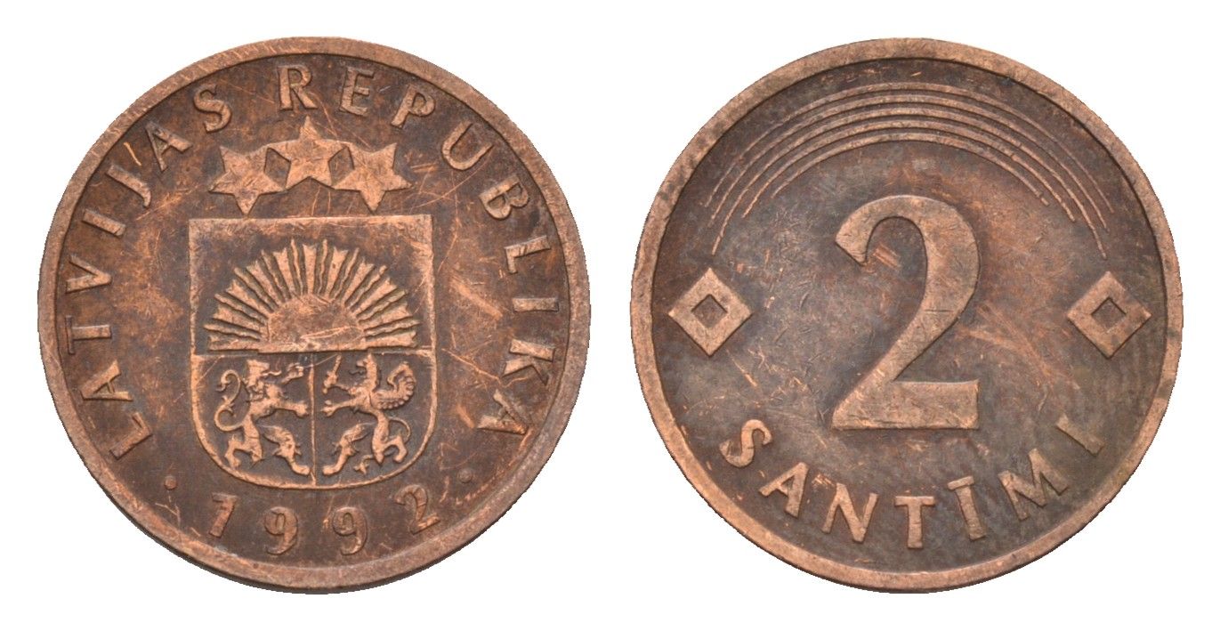 Латвия 2 сантима 1992 KM 21 сталь плакированная медью 105-463