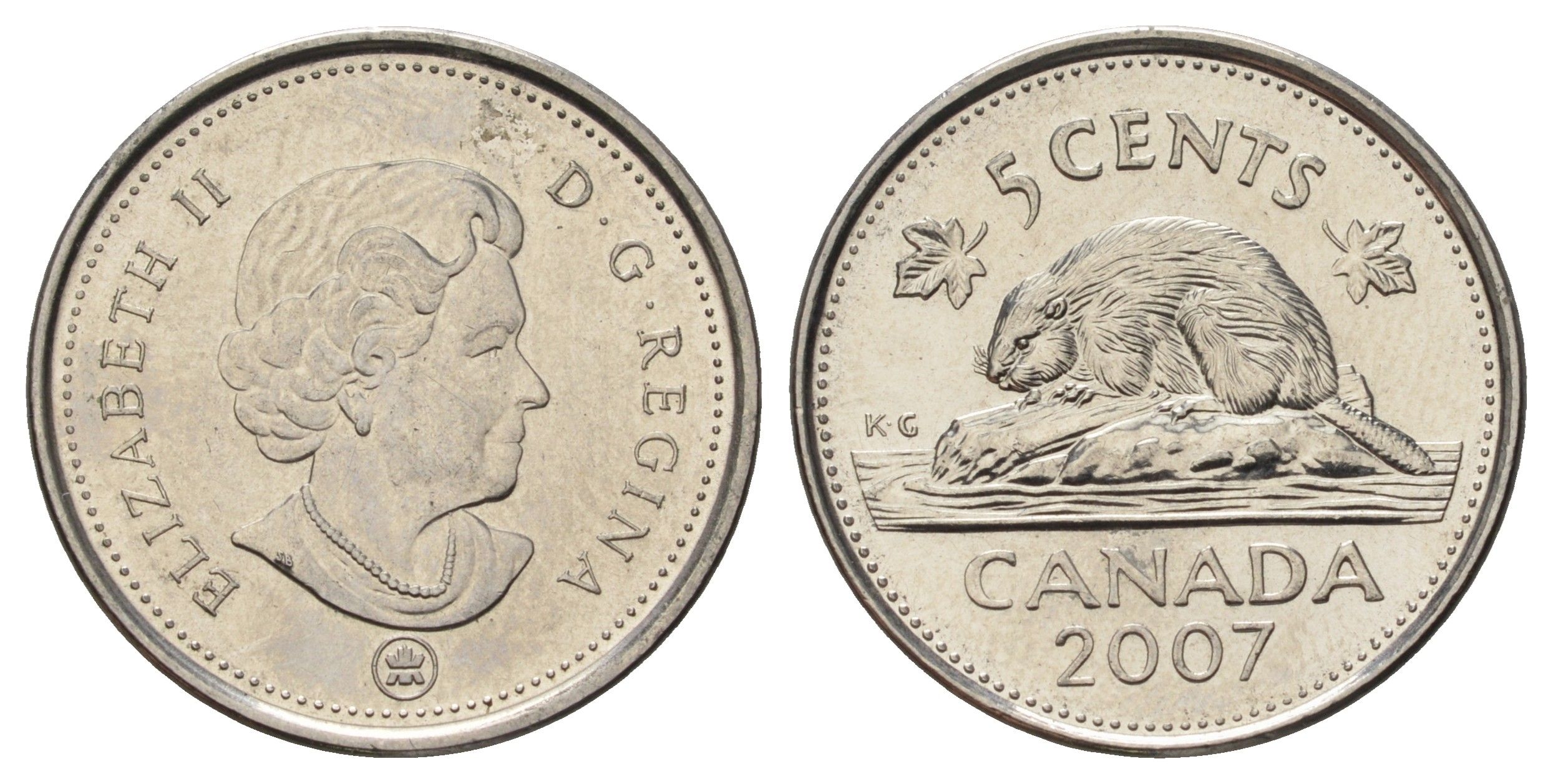 Канада 5 центов 2007 Leaf, Елизавета II (1952-2022), бобр KM 491 сталь плакированная никелем UNC 4689-469