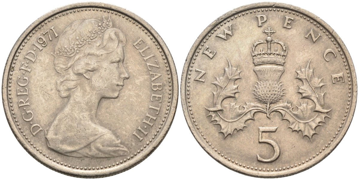 Великобритания 5 пенсов 1971 Елизавета II (1952-2022) KM 911, Spink 4233 (D1) медно-никель 4586-927