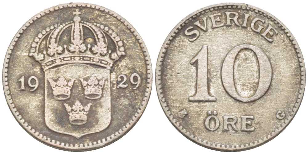 Швеция 10 эре 1929 G, Густав V (1907-1950) KM 780 серебро 116-1153