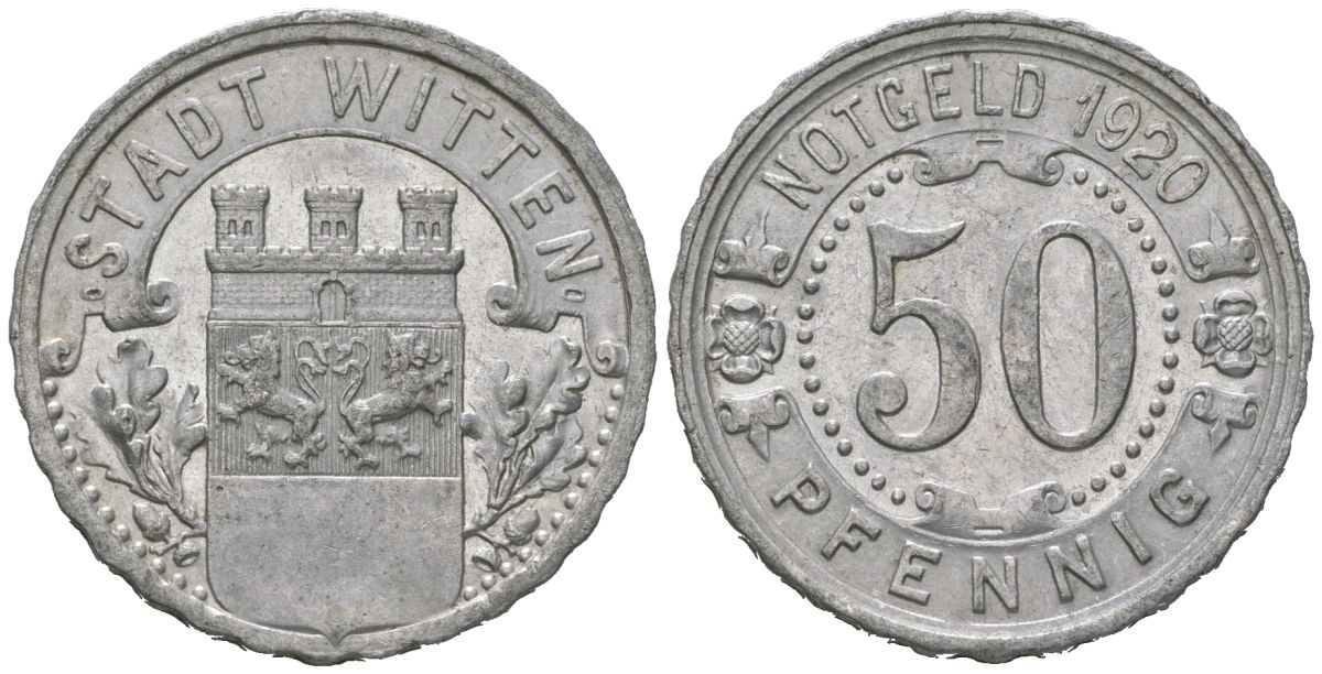 Виттен (Пруссия, Вестфалия) 50 пфеннигов 1920 Funck?604.9, Men05?27464.20, Men18?34499.20 алюминий UNC 4591-547