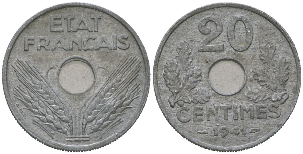 Франция 20 сантимов 1941 Правительство Виши KM 900 цинк aUNC 4616-832