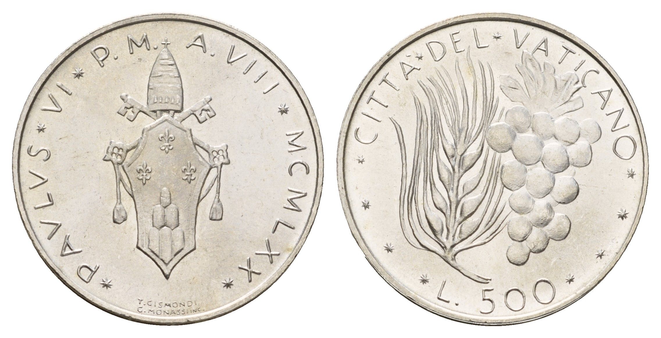 Ватикан 500 лир 1970 MCMLXX KM 123 серебро UNC 11-134-41