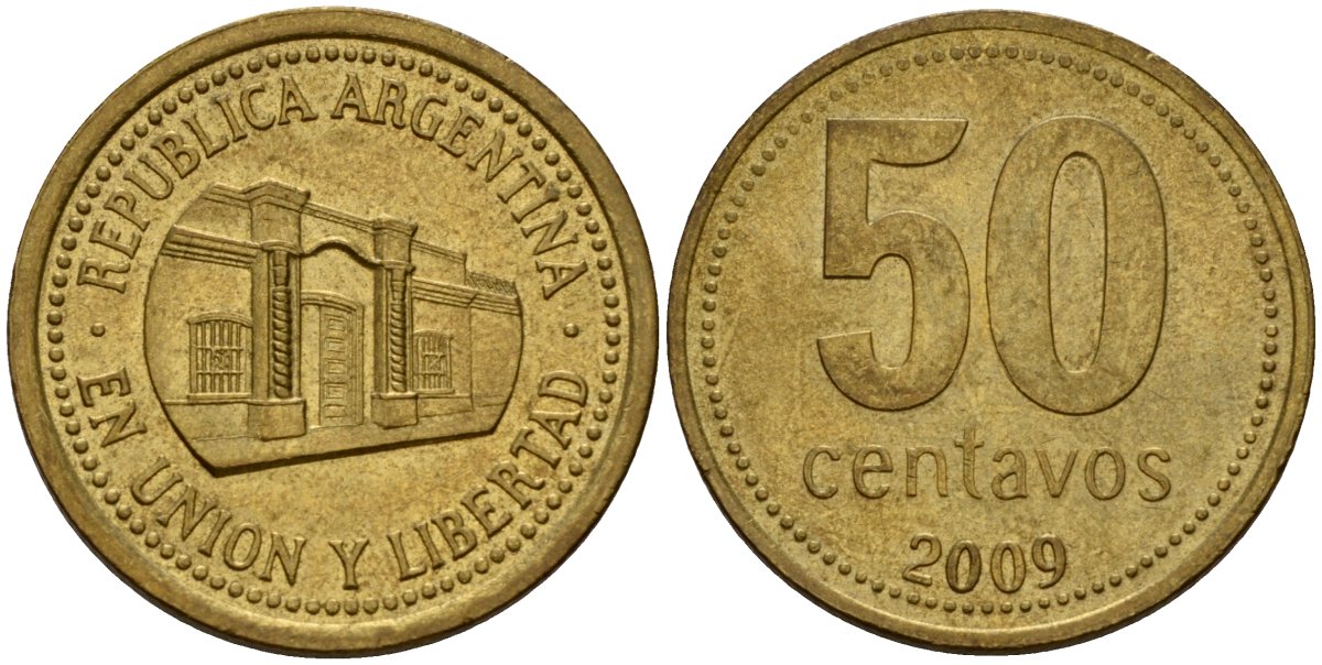 Аргентина 50 сентаво 2009 здание конгресса Тукумана, узкие буквы KM 111.1 алюминиевая бронза 4155-142