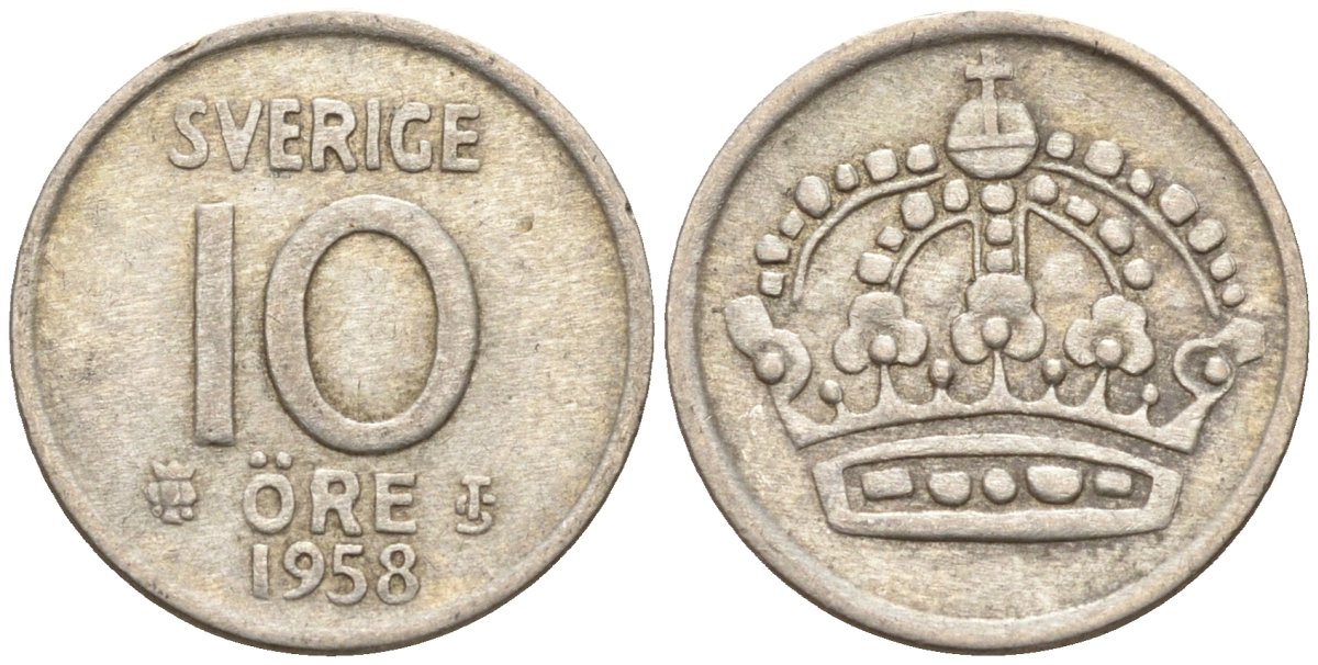 Швеция 10 эре 1958 Густав VI Адольф (1950-1973) KM 823 серебро 4147-919