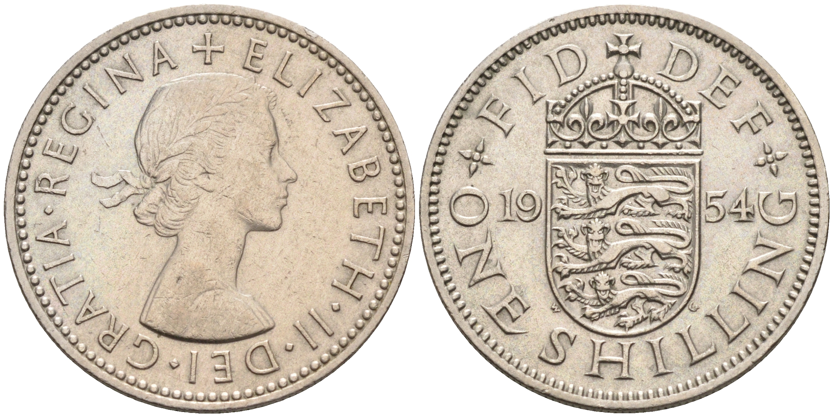 Великобритания 1 шиллинг 1954 Елизавета II (1952-2022), Английский герб KM 904, Spink 4147 медно-никель 4591-655