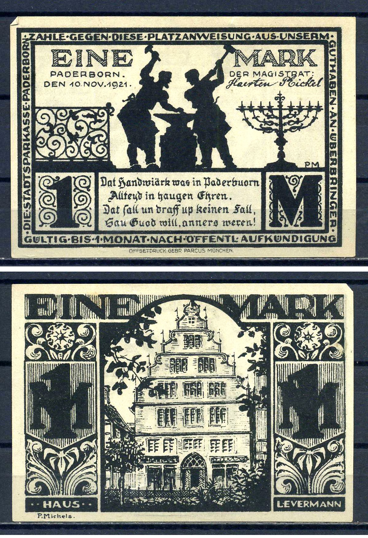 Падерборн (Вестфалия) 1 марка 1921 DeNG 1/2 1043.6-4/5 бумага UNC (пресс) 7556-5-4-2