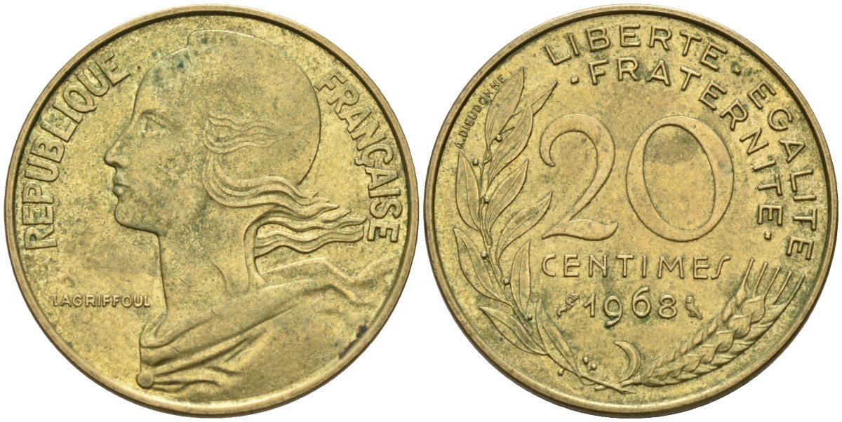 Франция 20 сантимов 1968 тип MARIANNE KM 930 медь алюминий никель 4584-512