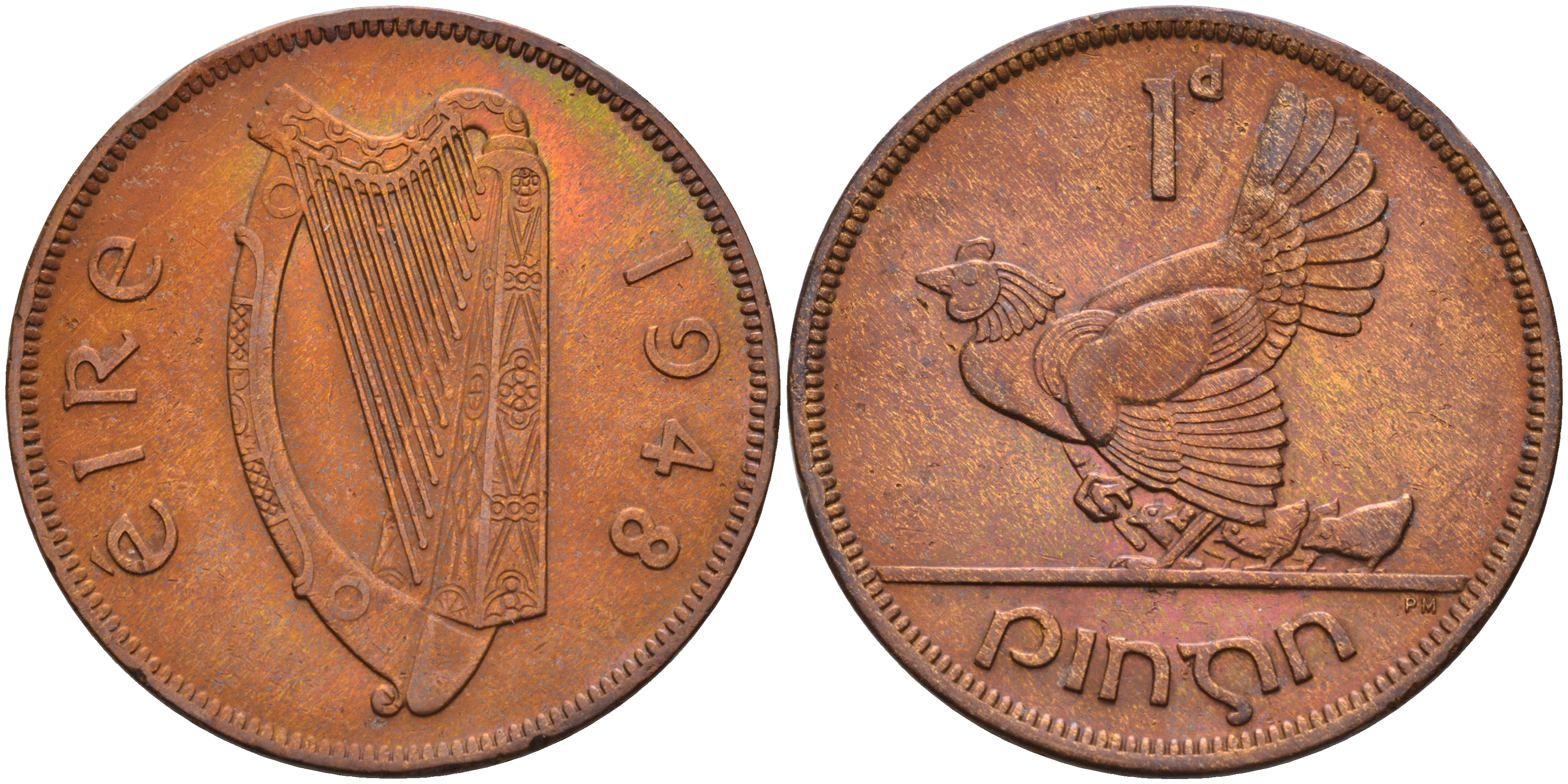 Ирландия 1 пенни 1948 курица с цыплятами KM 11 бронза 4367-1222