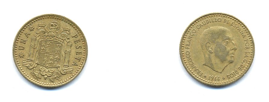 Испания 1 песета 1966 (74) Франсиско Франко (1939-1975) KM 796 алюминиевая бронза 54-666