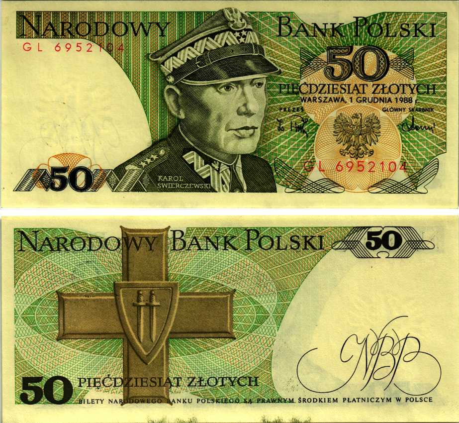 Польша 50 злотых 1988 Кароль Сверчевский, знак Грюнвальдского ордена Pick 142 c бумага аUNC 8607-70-3-1