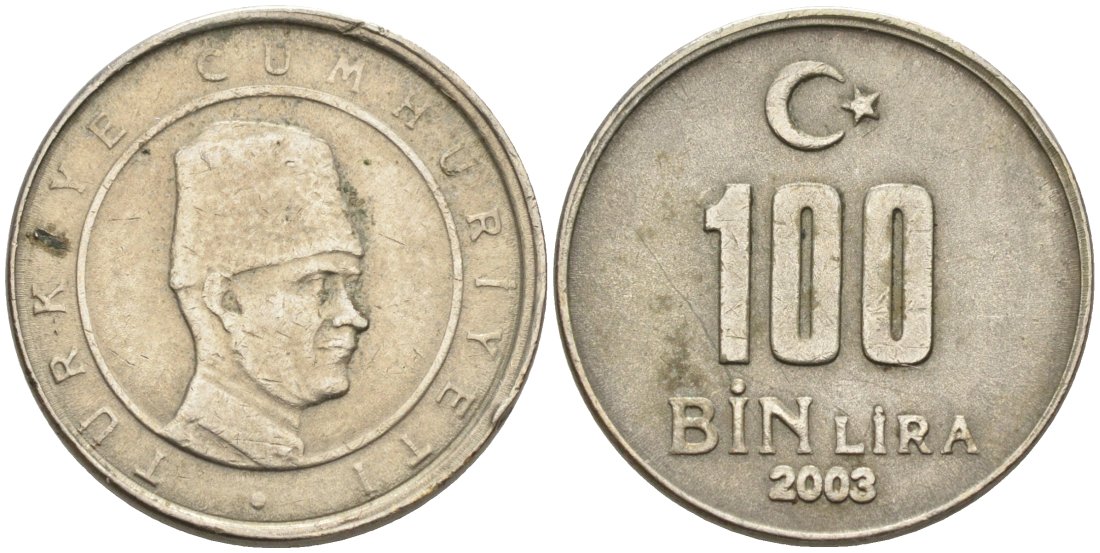 Турция 100000 лир 2003 Мустафа Кемаль Ататюрк KM 1106 медь никель цинк 4573-915