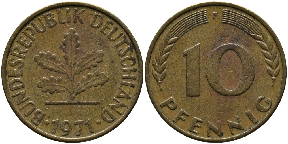 ФРГ 10 ПФЕННИГОВ 1971 F KM 108, J.383 сталь плакированная латунью 33-124