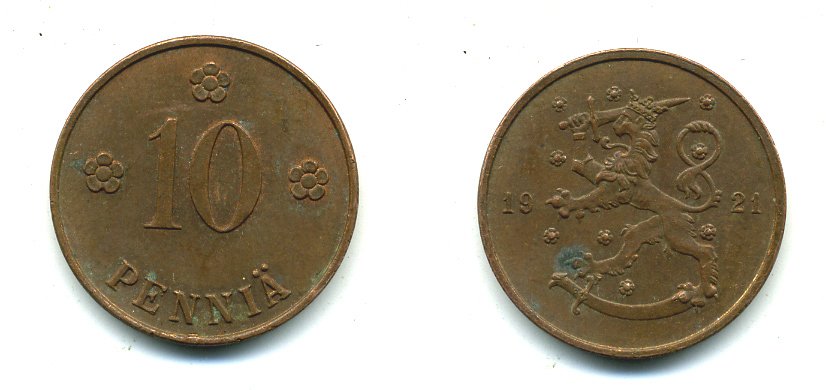 Финляндия 10 пенни 1921 республика (1918-1962) KM 24 медь 46-228