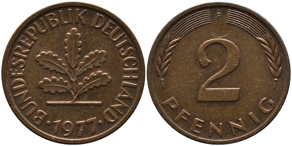 ФРГ 2 пфеннига 1977 F KM 106a, J.381a сталь плакированная медью 33-237