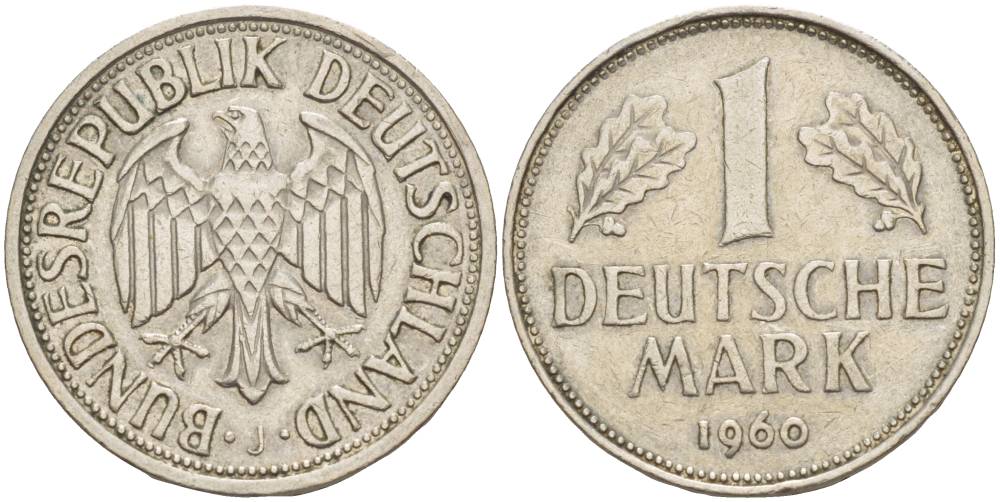 ФРГ 1 МАРКА 1960 J KM 110, J. 385 медно-никель 4551-1242