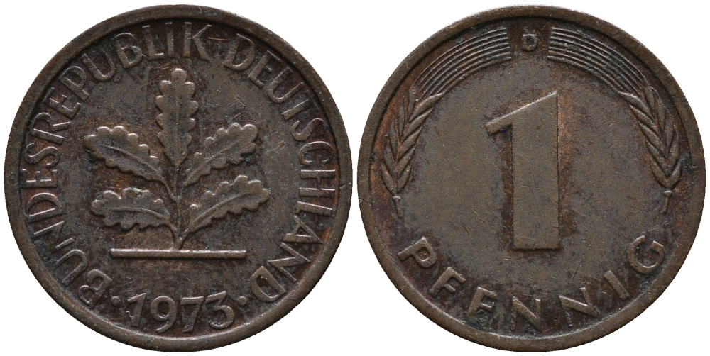 ФРГ 1 пфенниг 1973 D KM 105, J.380 сталь плакированная медью 99-331