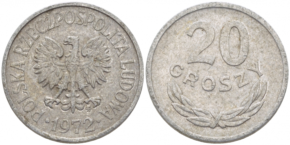 ПОЛЬША 20 ГРОШЕЙ 1972 MW KM А47 алюминий 4448-732