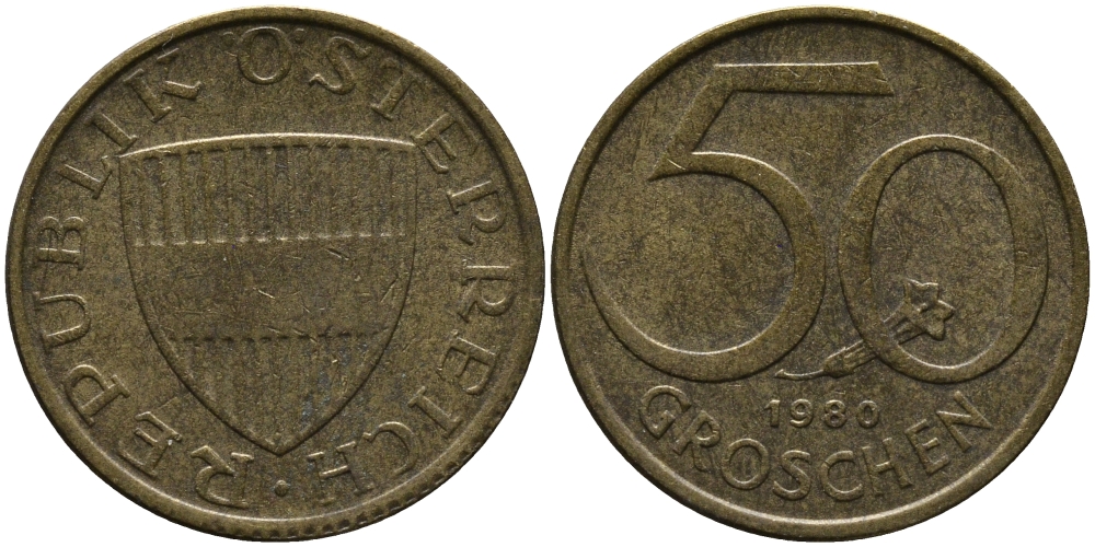 АВСТРИЯ 50 ГРОШЕЙ 1980 KM 2885 алюминиевая бронза 33-412