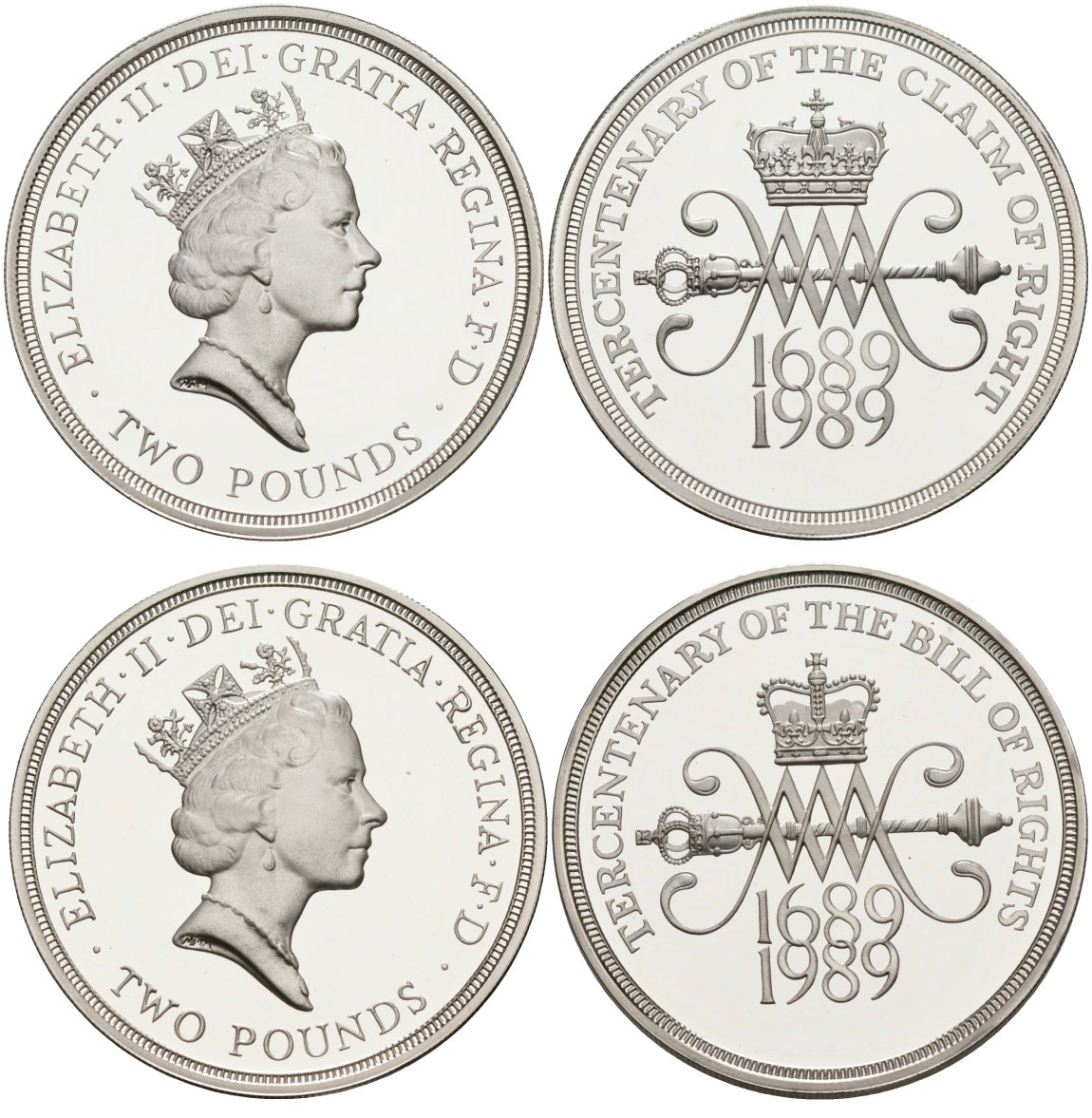 Великобритания набор из 2 монет по 2 фунта 1989 Елизавета II (1952-2022), 300 лет "Биллю о правах" Англии и Шотландии, сертификат, коробка Spink US09 серебро PROOF 4-5-4-10