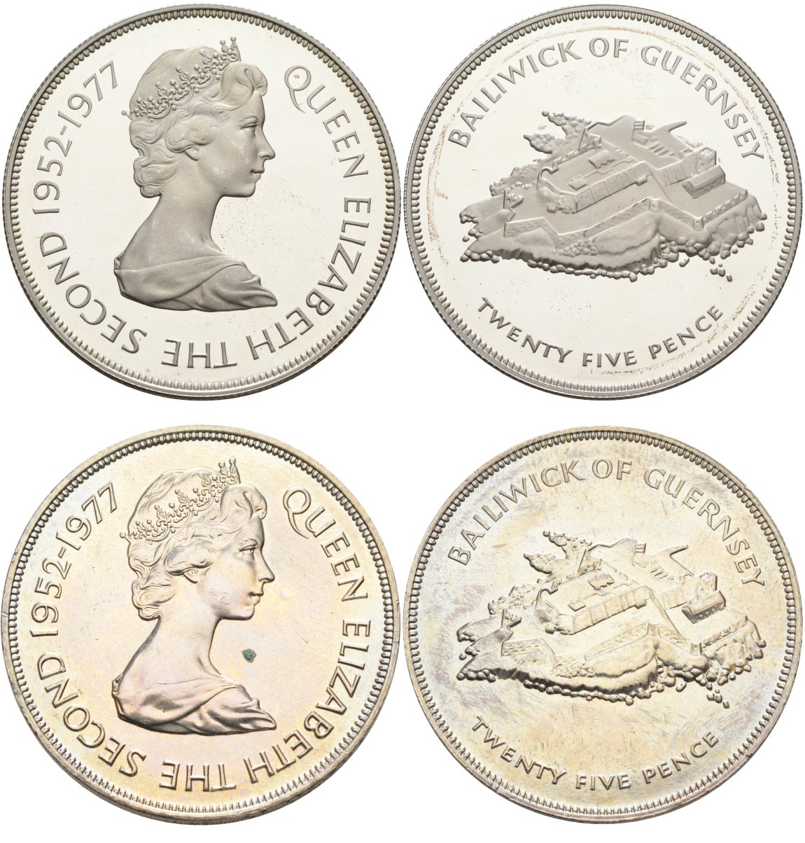 Гернси набор из 2 монет по 25 пенсов 1977 25 лет правления Елизаветы II, в буклете KM 31, 31а серебро, медно-никель PROOF, UNC 7-5-1-16