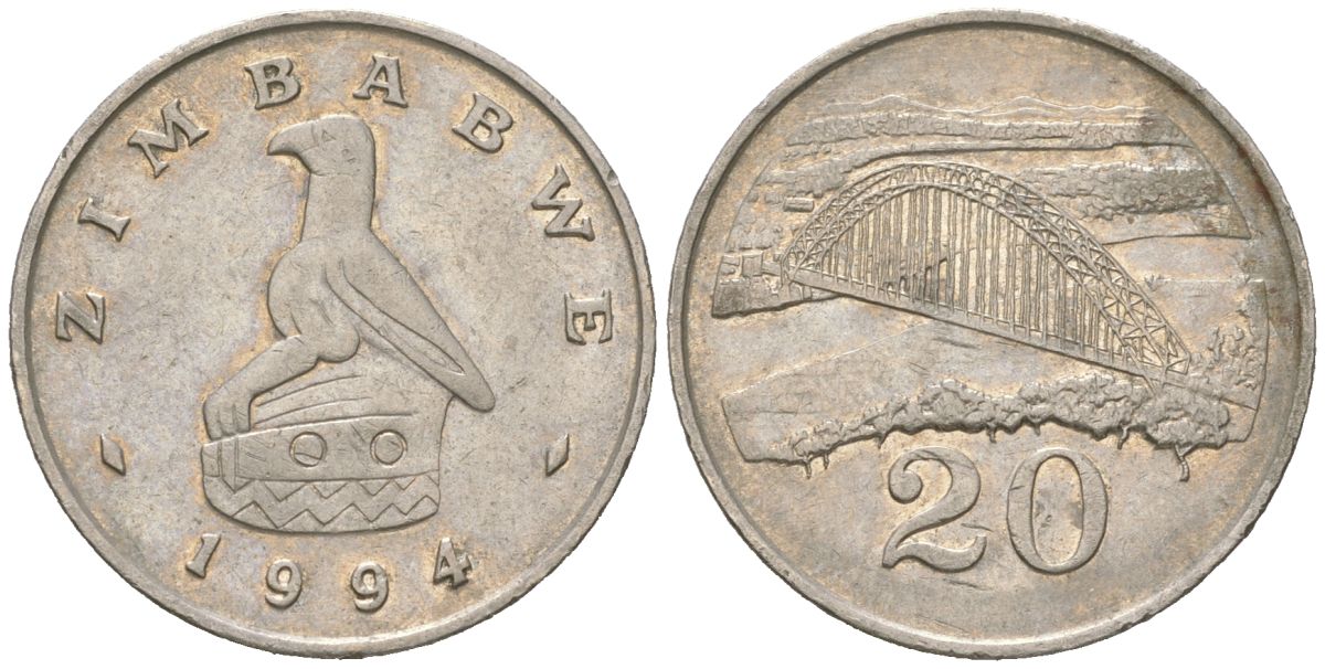 Зимбабве 20 центов 1994 мост Бирченоу KM 4 медно-никель 4616-1114