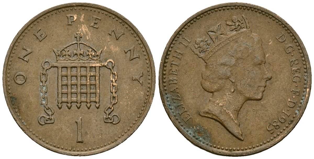 Великобритания 1 пенни 1985 Елизавета II (1952-2022) KM 935, Spink 4381 (B3) бронза 4167-1226