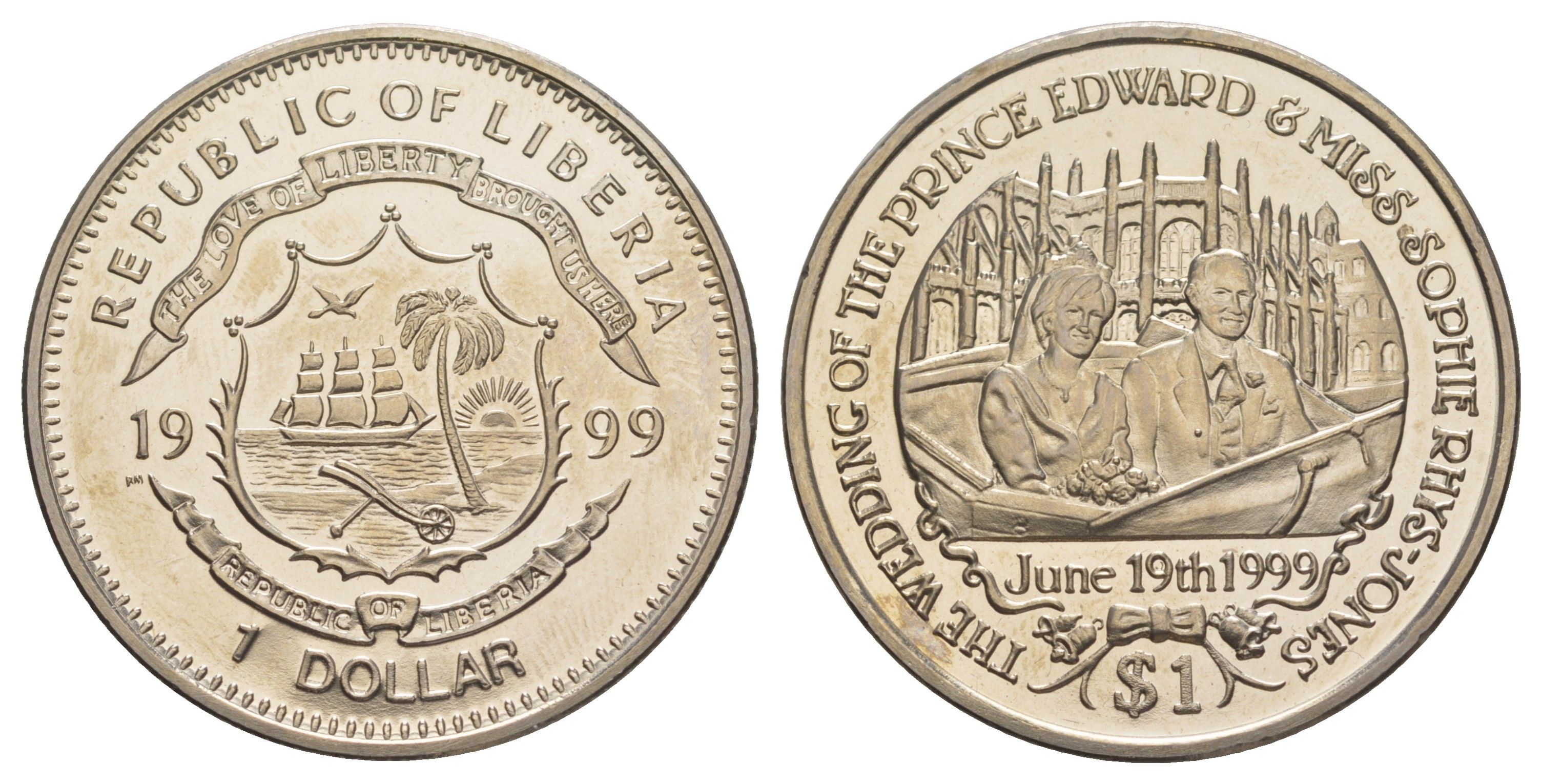Либерия 1 доллар 1999 Свадьба Принца Эдварда и Софи Рис-Джонс KM 413 медно-никель BU 1082-9-51