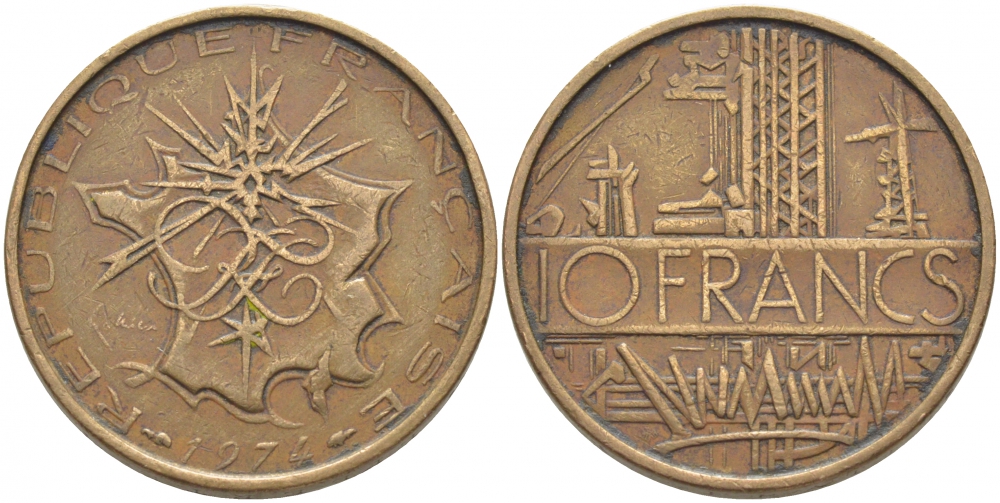 Франция 10 франков 1974 тип Матье KM 940, Le Franc 365.3-4 никель латунь 110-1031