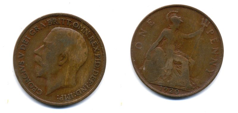 Великобритания 1 пенни 1920 Георг V (1910-1936) КМ 810, Spink 4051 бронза 47-344
