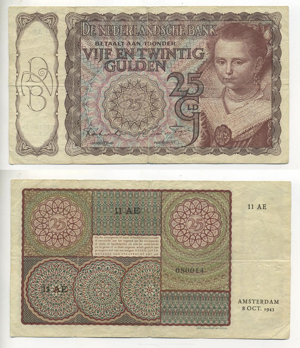 НИДЕРЛАНДЫ 25 ГУЛЬДЕНОВ 1943 15987 Pick 60 бумага 7553-29-2