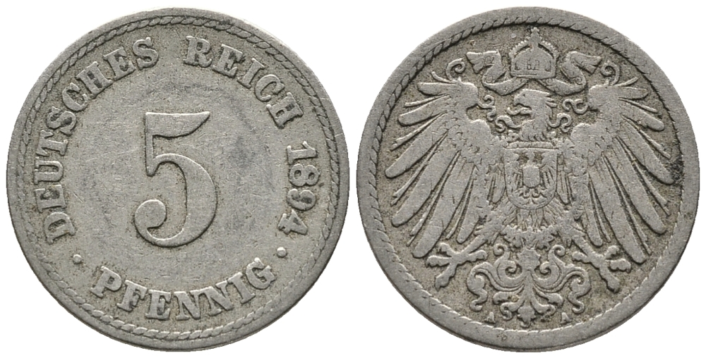 ГЕРМАНИЯ 5 ПФЕННИГОВ 1894 A KM 11, J. 12 медно-никель 39-712