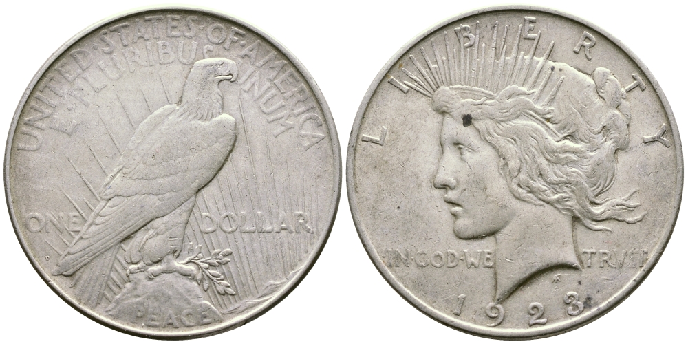 США 1 доллар 1923 D, доллар мира KM 150 серебро 00-1067-4-41