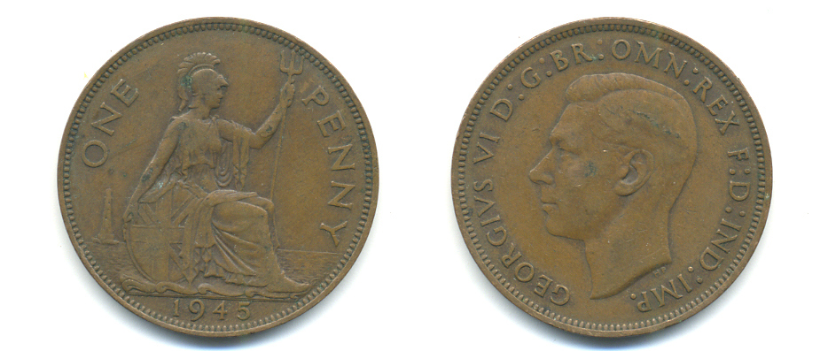 Великобритания 1 пенни 1945 Георг VI (1936-1952) KM 845, Spink 4114 бронза 89-223