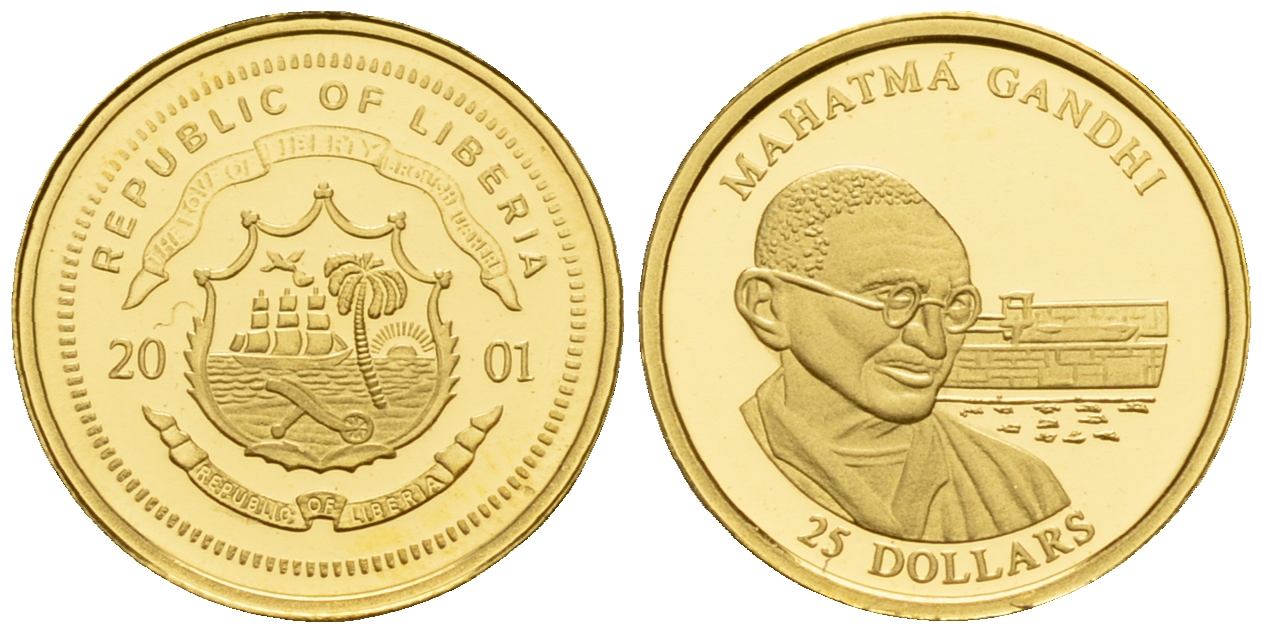 Либерия 25 долларов 2001 Махатма Ганди золото PROOF 00-819-46