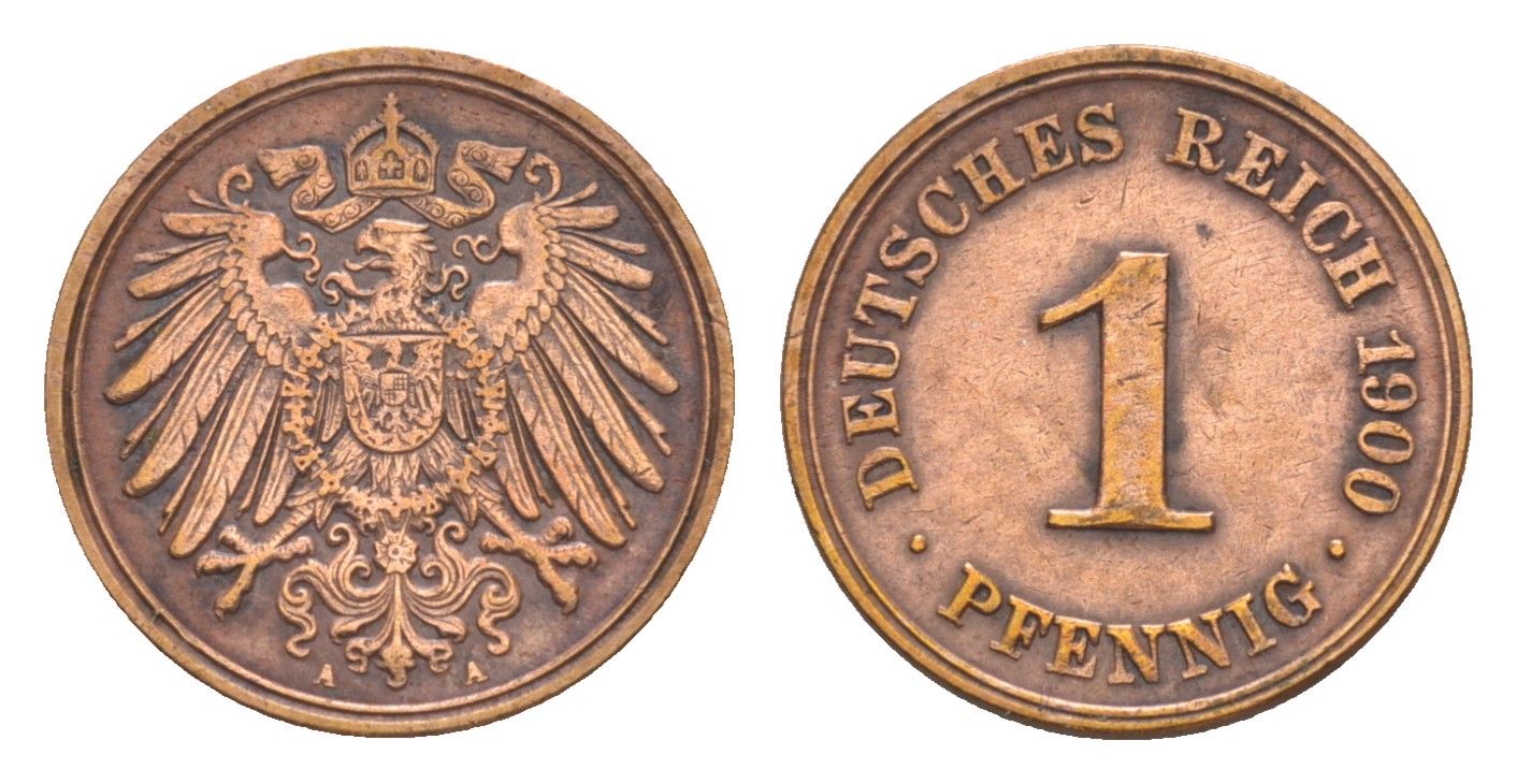 Германия 1 пфенниг 1900 A, Вильгельм II (1888-1918) KM 10, J. 10 медь 4639-1119