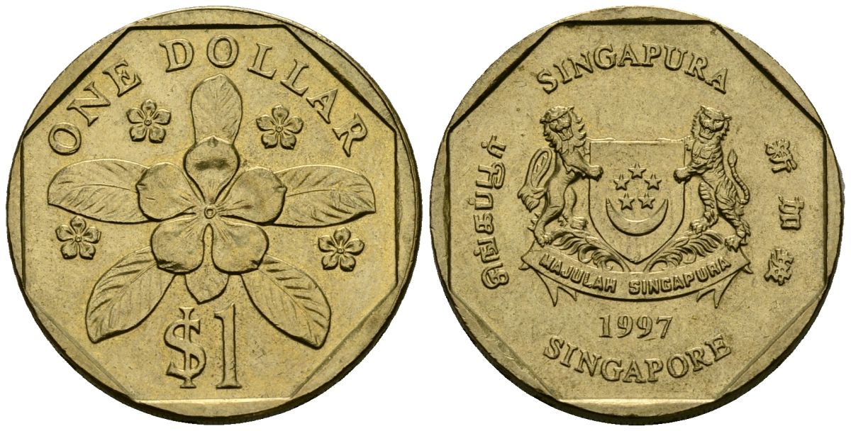 Сингапур 1 доллар 1997 барвинок KM 103 алюминиевая бронза 4138-1116