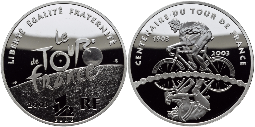 Франция 1 1/2 евро 2003 100 лет велогонкам Тур де Франс, велосипедист и его отражение KM 1321 серебро PROOF 1095-3-43