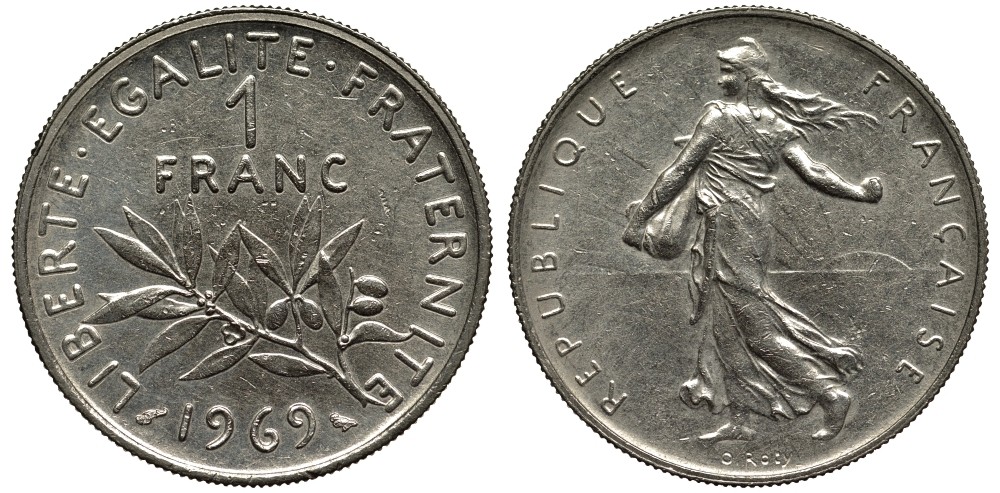 Франция 1 франк 1969 сеятель KM 925.1, Le Franc 226.14 никель 186-857
