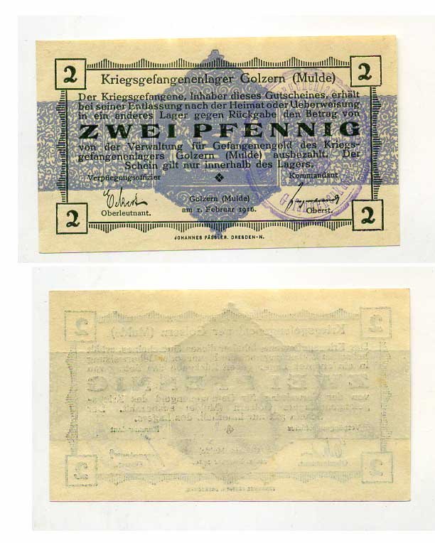 Германия 2 пфеннига 1916 Голцерн (Мюльде), лагерь военнопленных C-3011 бумага UNC (пресс) 504-78-2-1