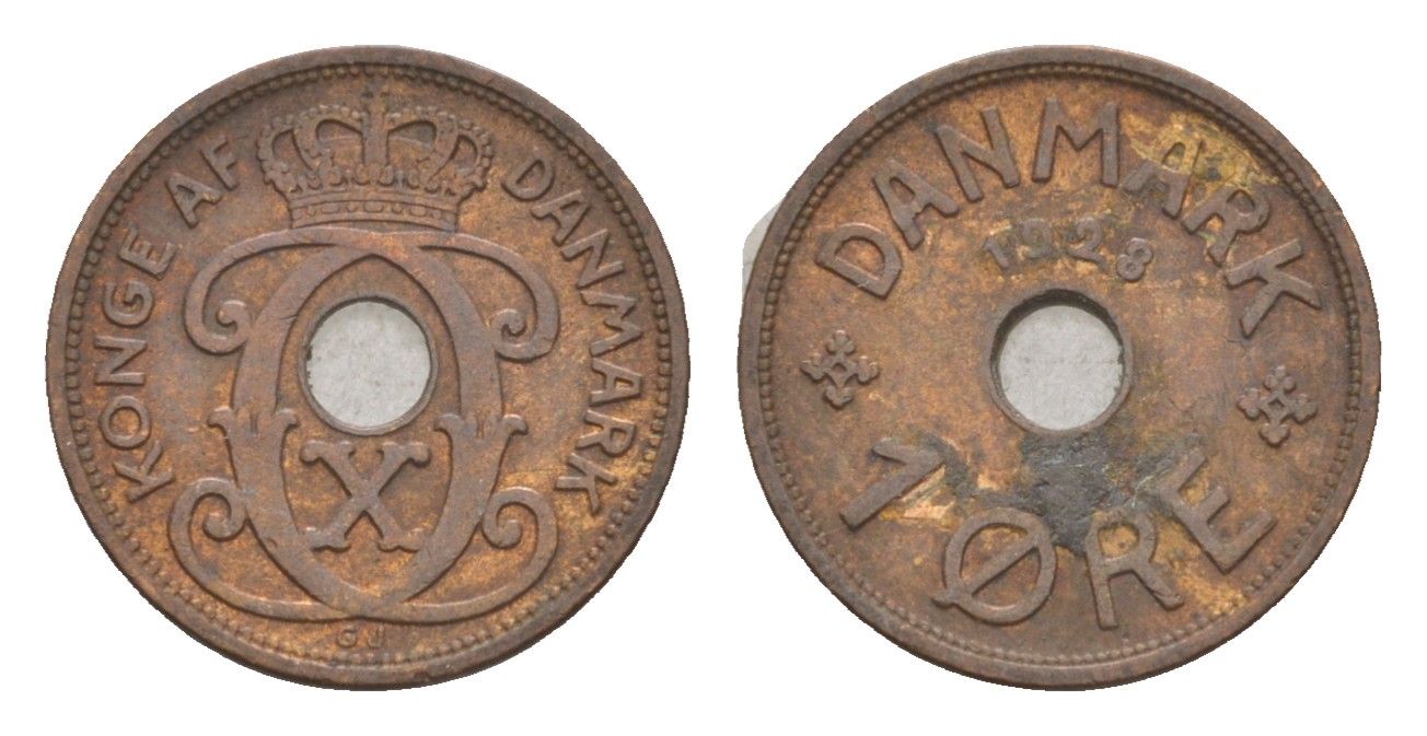 Дания 1 эре 1928 N, Кристиан X (1912-1947) KM 826 бронза 4658-137