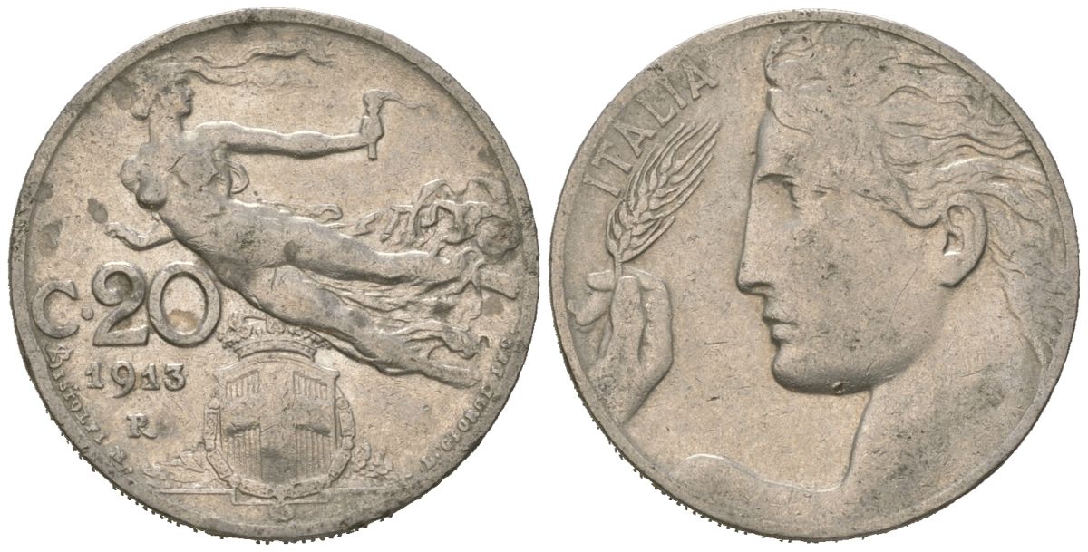 Италия 20 чентезимо 1913 R, Виктор Эммануил III (1900-1946) KM 44 никель 4615-626