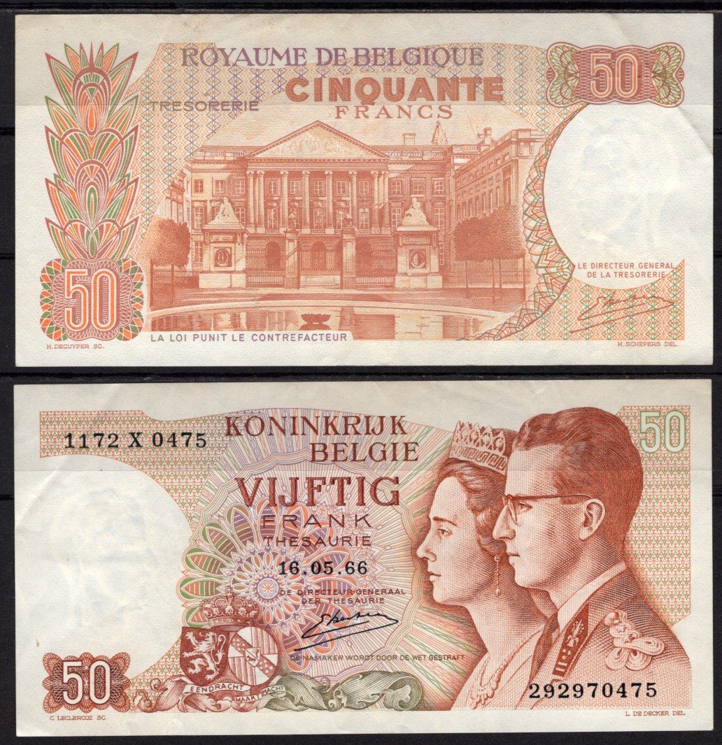 Бельгия 50 франков 1966 Бодуэн/Будевин I и королева Фабиола, здание парламента, Брюссель Pick 139 (3) бумага 7548-77-3-2