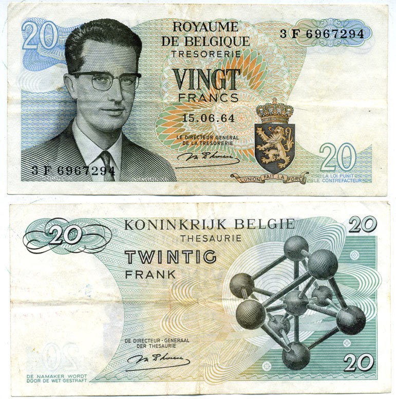 Бельгия 20 франков 1964 Бодуэн I, атомиум, d Haeze Pick 138 (1) бумага 6299-37-4