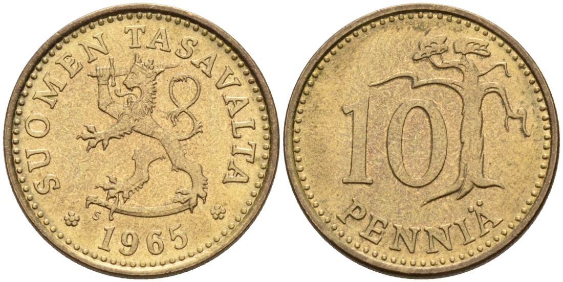ФИНЛЯНДИЯ 10 ПЕННИ 1965 S KM 46 алюминиевая бронза 192-1028