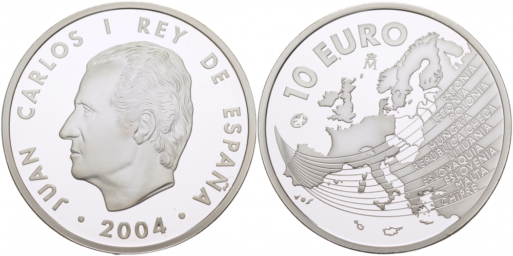 Испания 10 евро 2004 M, расширение Евросоюза, карта Европы KM 1099 серебро PROOF 01-161-31