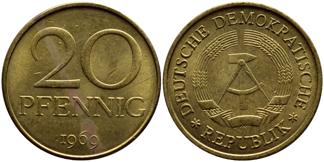 ГДР 20 пфеннигов 1969 А, первый год KM 11 латунь UNC 4398-1154